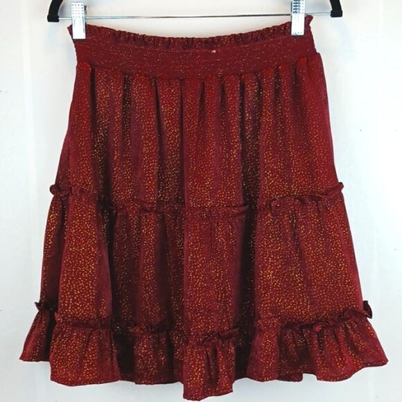 BLU PEPPER  wine with gold shimmer paper boy waist tiered mini skirt sz L - Picture 5 of 6